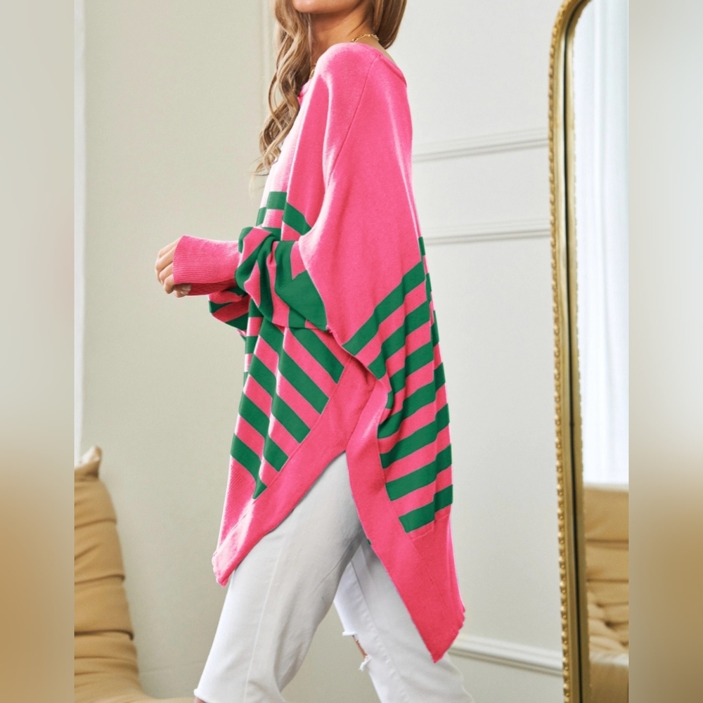 #207 🛑48 L FINAL PRICE Multi Striped Elbow Patch Loose Fit Sweater Top - Picture 3 of 10